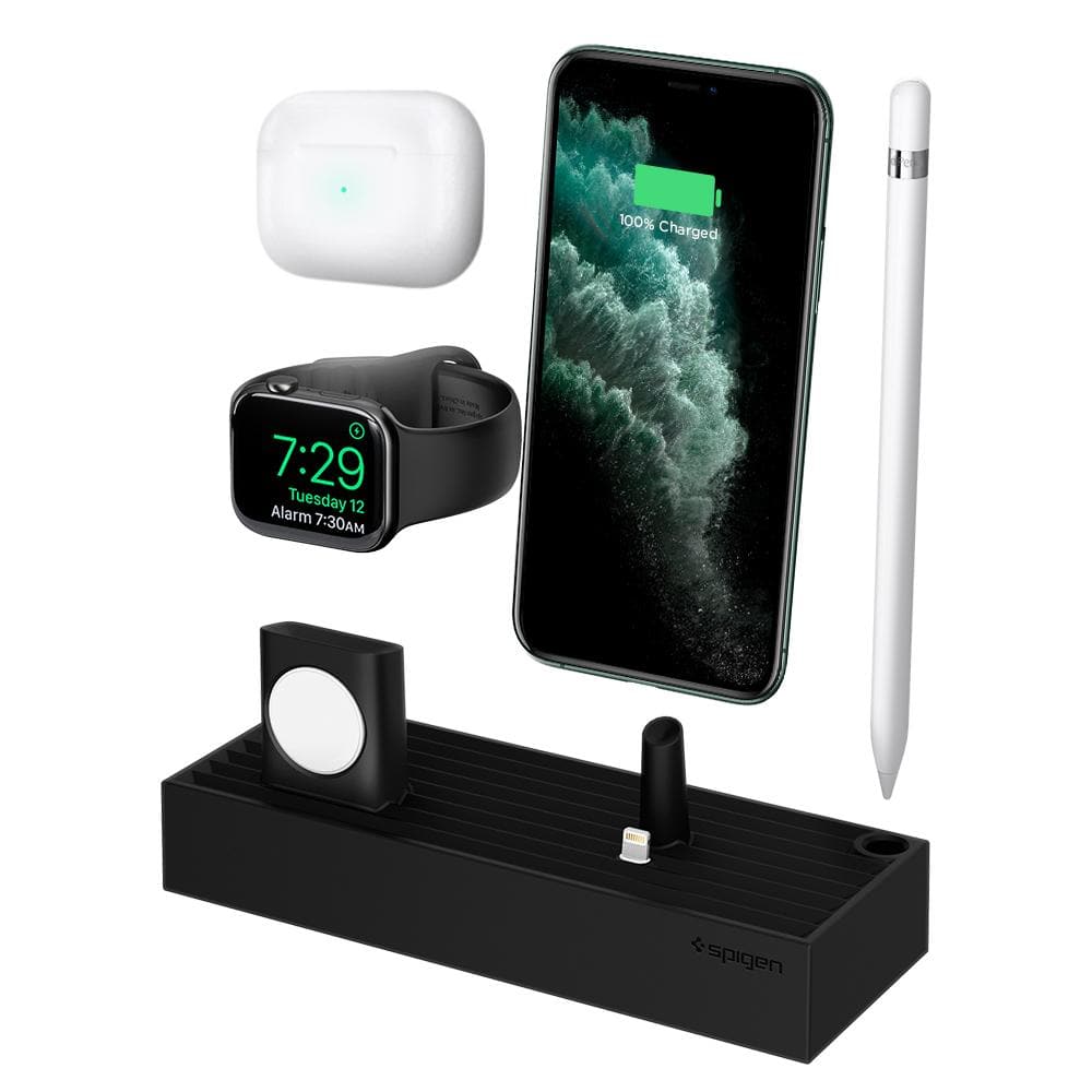 Apple 3-in-1 Stand S318 in black showing the front, top and side with AirPod Pro, Apple Watch, iPhone and Apple Pencil floating above
