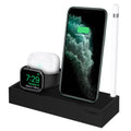 Apple 3-in-1 Stand S318 in black showing the front, top and side with AirPod Pro, Apple Watch, iPhone and Apple Pencil