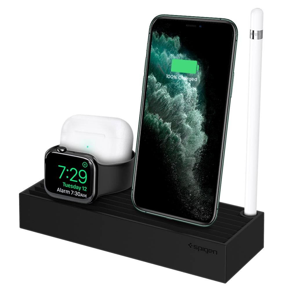 Apple 3-in-1 Stand S318 in black showing the front, top and side with AirPod Pro, Apple Watch, iPhone and Apple Pencil