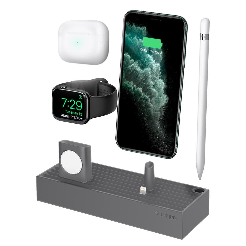 Apple 3-in-1 Stand S318 in charcoal showing the front, top and side with AirPod Pro, Apple Watch, iPhone and Apple Pencil floating above