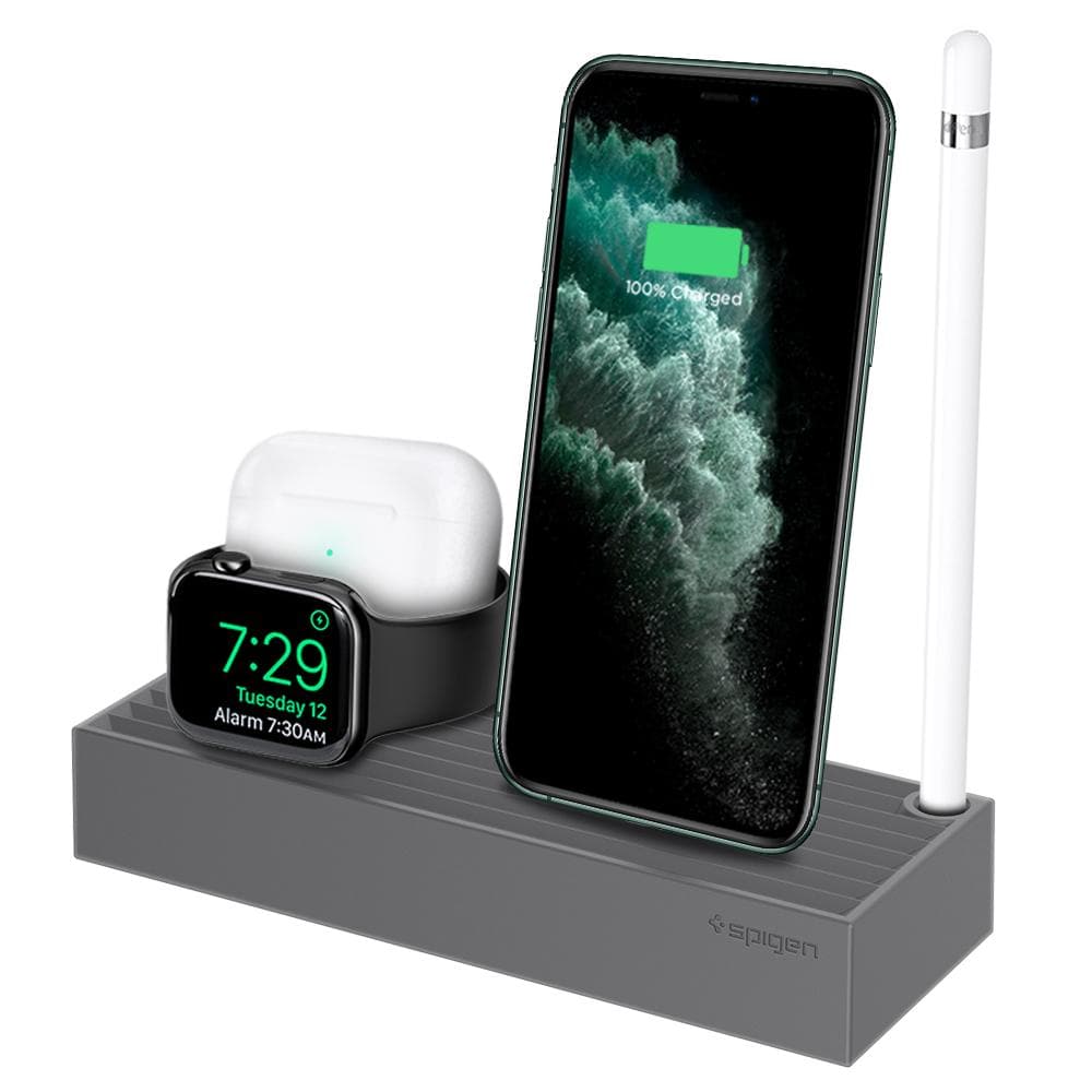 Apple 3-in-1 Stand S318 in charcoal showing the front, top and side with AirPod Pro, Apple Watch, iPhone and Apple Pencil