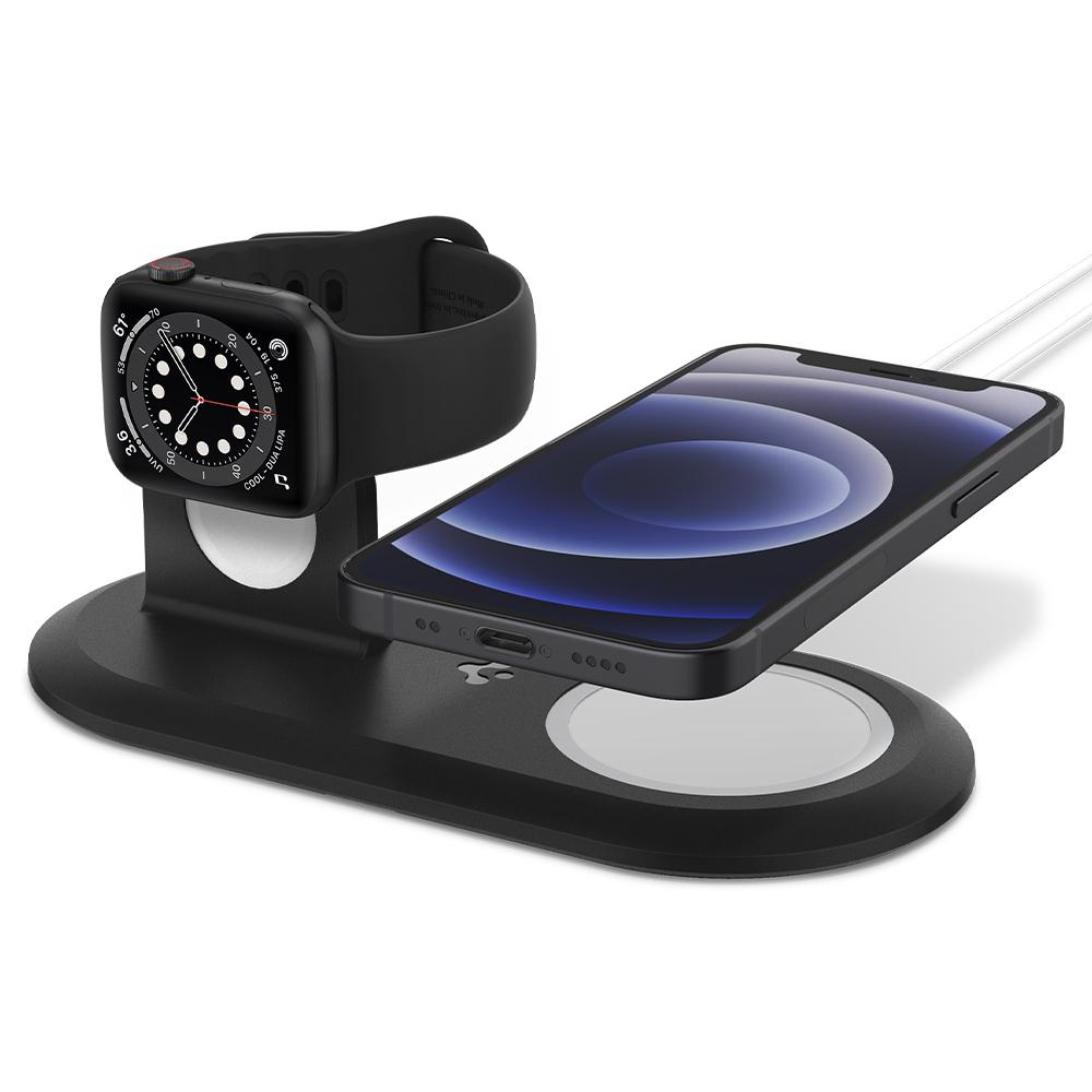 Mag Fit Duo in black showing the front with Apple Watch and iPhone hovering above charger