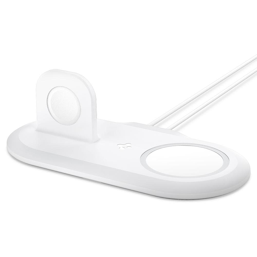 Mag Fit Duo in white shown with MagSafe charger and Apple Watch charger placed in designated areas
