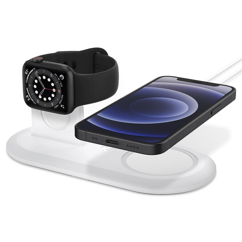 Mag Fit Duo in white showing the front with Apple Watch and iPhone hovering above charger