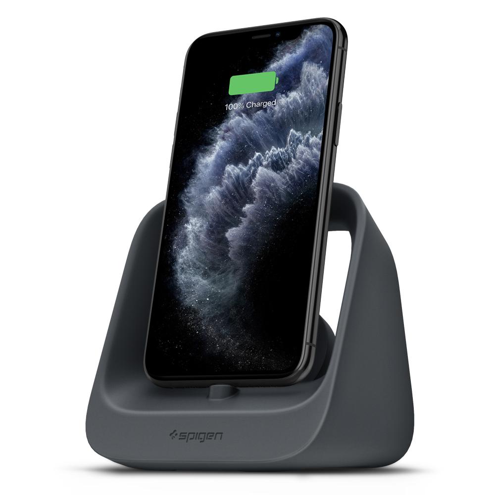 Apple 2-in-1 Stand S316 in charcoal showing the front and side with iPhone charging
