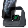 Apple 2-in-1 Stand S316 in charcoal showing the front and side with Apple watch charging and iPhone floating above
