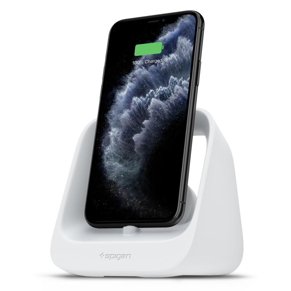 Apple 2-in-1 Stand S316 in white showing the front and side with iPhone charging