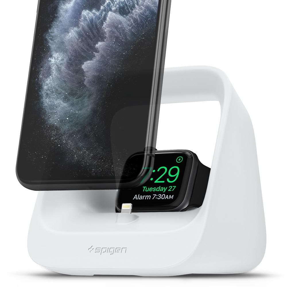 Apple 2-in-1 Stand S316 in white showing the front and side with Apple watch charging and iPhone floating above