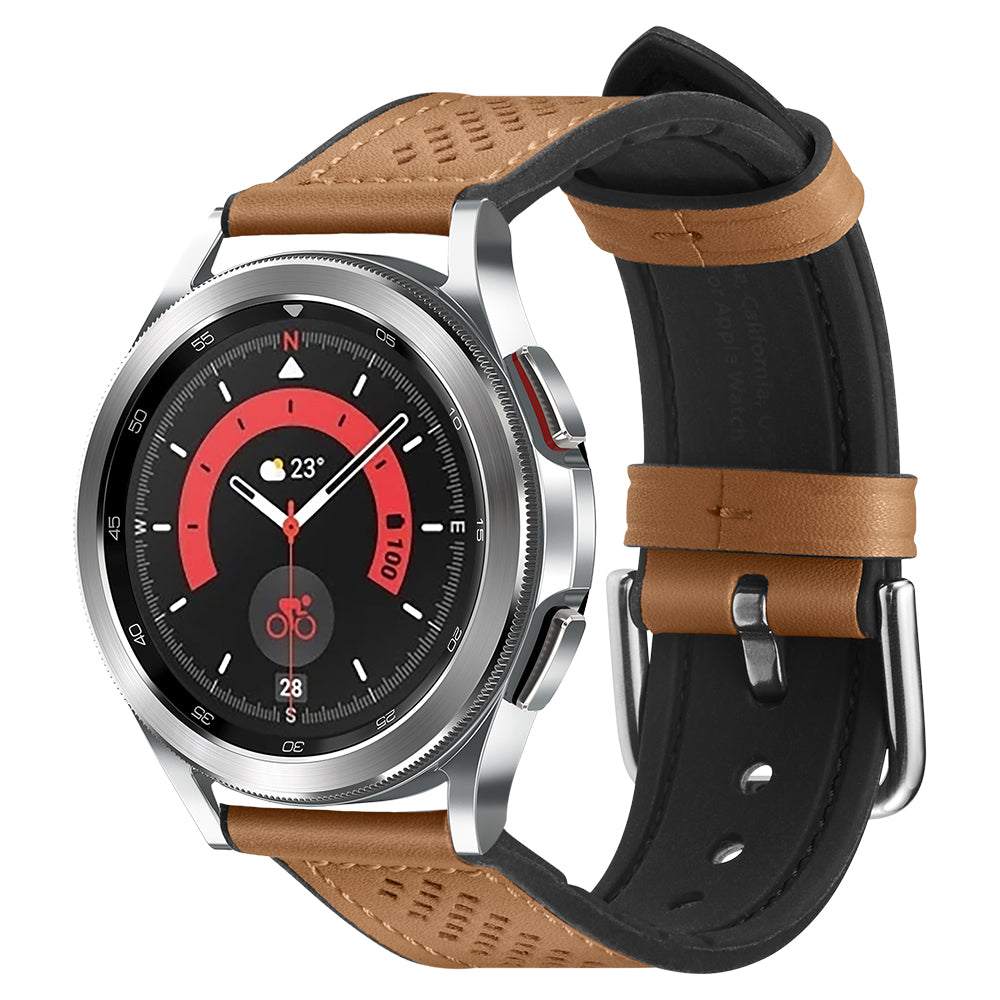 Galaxy Watch 5 Pro Watch Band Retro Fit (20mm) in brown showing the front at an angle on silver watch