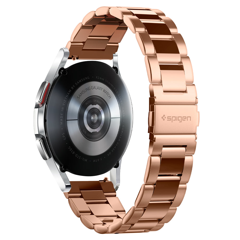 Galaxy Watch 4 Classic (41mm) Watch Band Modern Fit (20mm) in rose gold showing the clasp and back of the silver watch angle