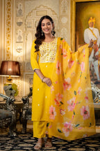 Yellow Rayon Embroidered Kurta Set with Floral Organza Dupatta