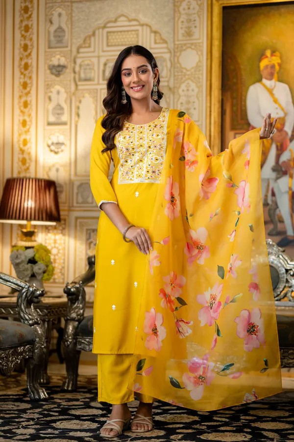 Yellow Rayon Embroidered Kurta Set with Floral Organza Dupatta