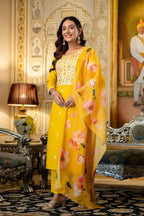 Yellow Rayon Embroidered Kurta Set with Floral Organza Dupatta