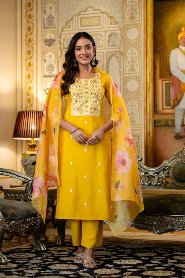 Yellow Rayon Embroidered Kurta Set with Floral Organza Dupatta