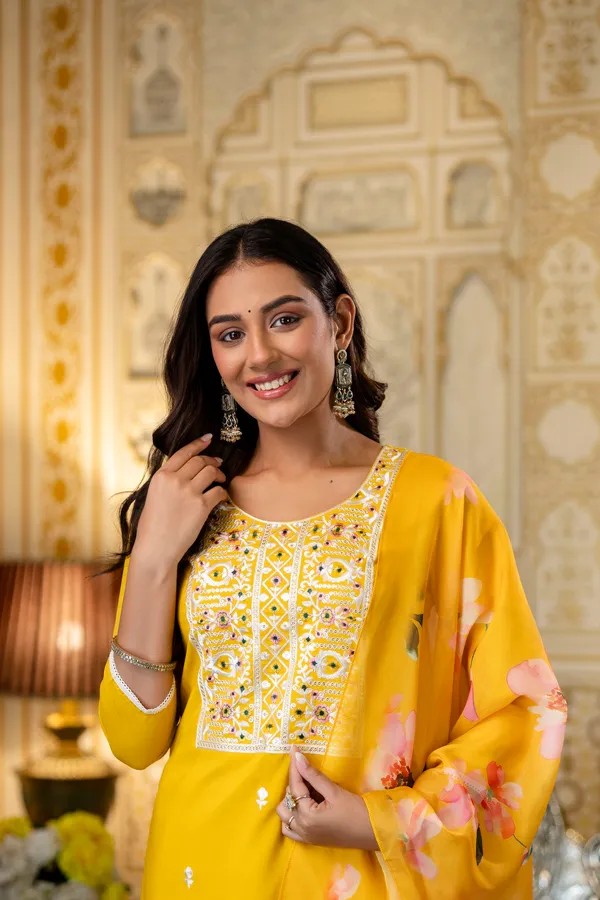 Yellow Rayon Embroidered Kurta Set with Floral Organza Dupatta
