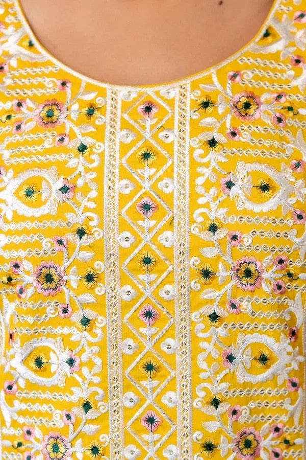 Yellow Rayon Embroidered Kurta Set with Floral Organza Dupatta